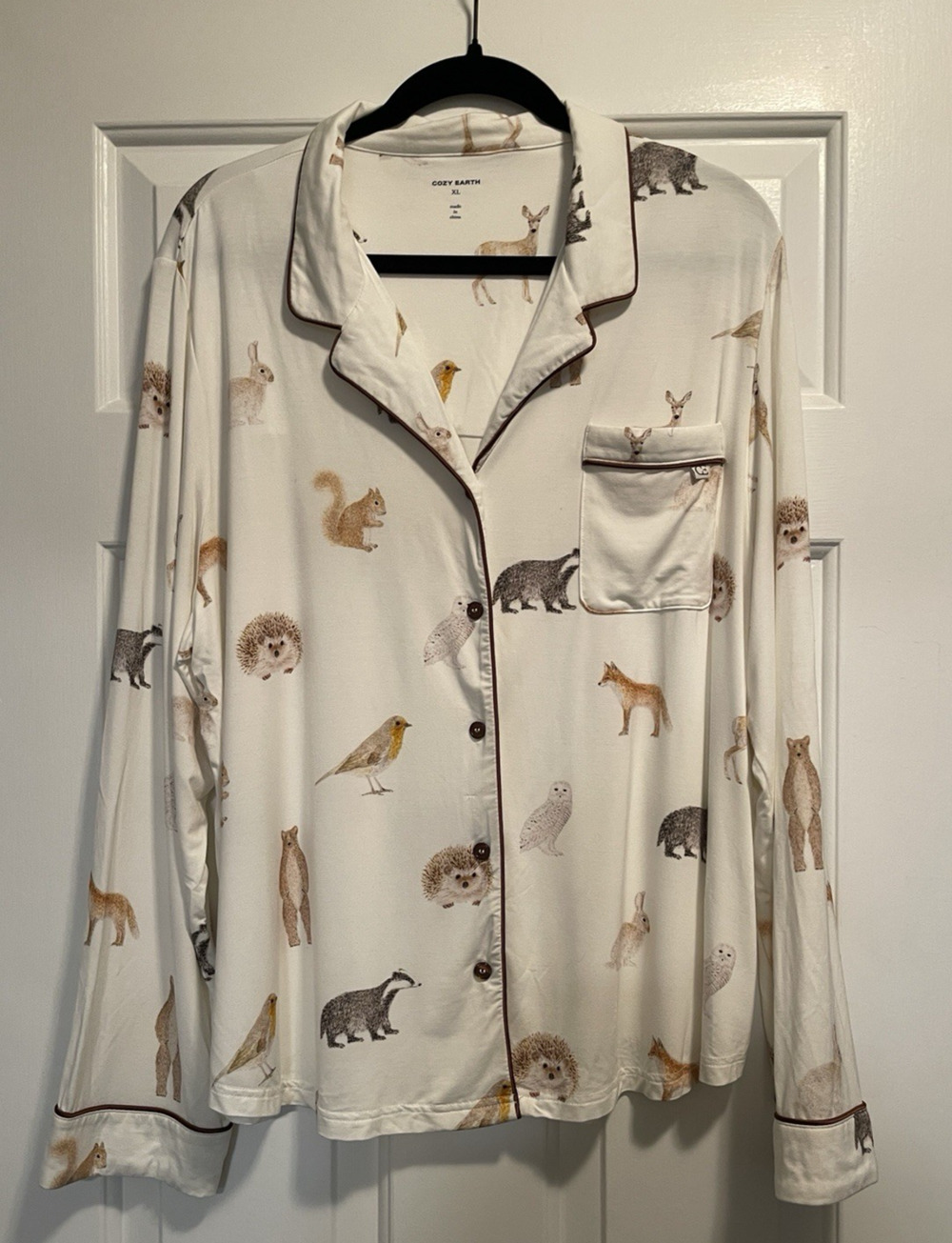 Cozy Earth Pajama Top Womens XL Woodland Animals Long Sleeve Button Up New